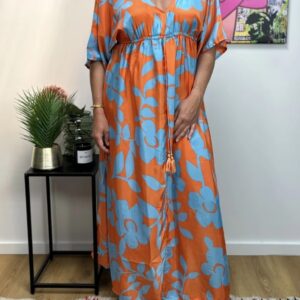 Robe longue en soie orange & bleu