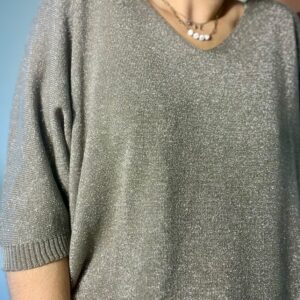 Pull fin femme taupe manches mi-longues col V scintillant